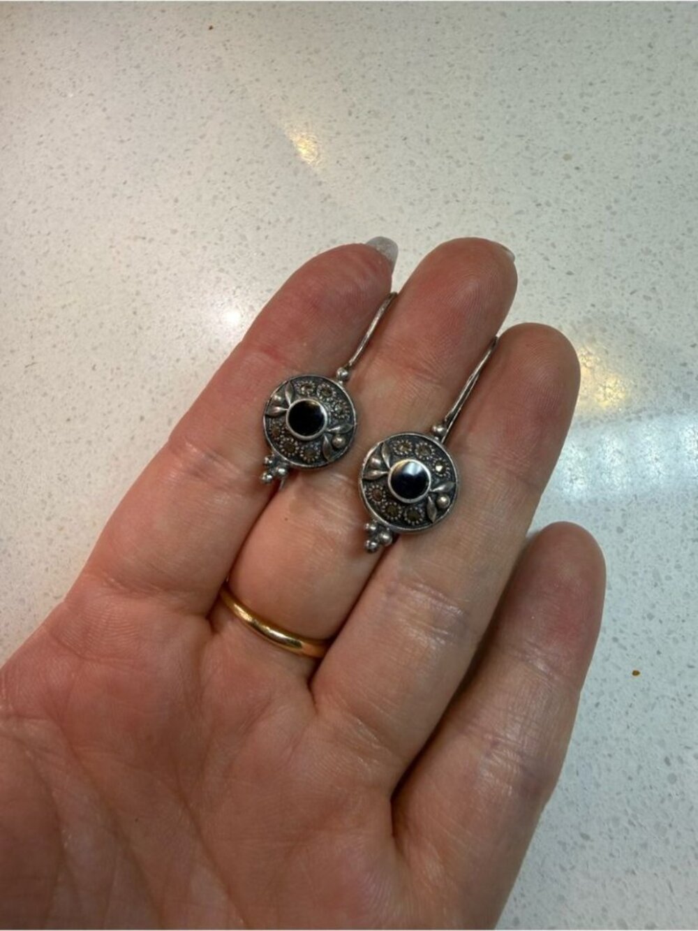 925 Sterling Silver Black Rhinestone & Marcasite Drop Earrings Vintage - Picture 2 of 10